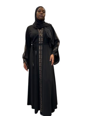 Turkish Black Abaya: Front Zip, Belt & Stones – Elegant Dress for Women