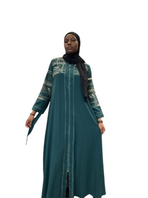 Green Abaya with Embroidery and Fake Back Split & Belt for Women