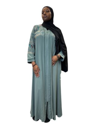 Chic Mint Green Abaya with Embroidery and Front Zip
