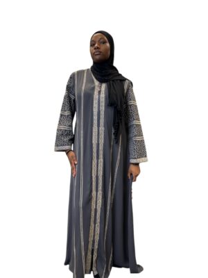 Elegant Light Blue Turkish Abaya with Embroidery & Zip